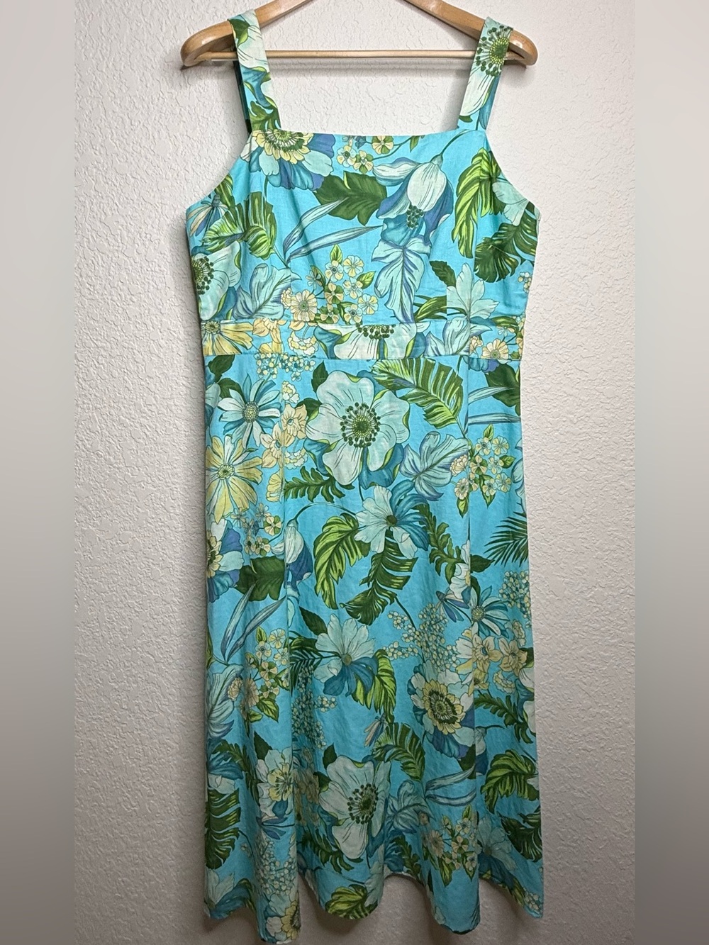 Talbots Turquoise Floral Linen Cotton Blend Midi Dress NWT Size 12 Tropical